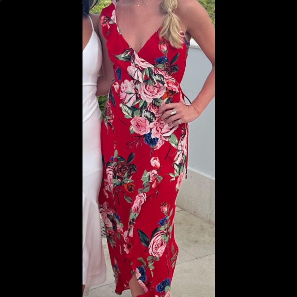 Afrm red floral wrap maxi dress